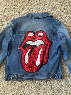 me.n.u. Kids Blue Denim Jacket with Red and White Sequin Tongue Size S 8